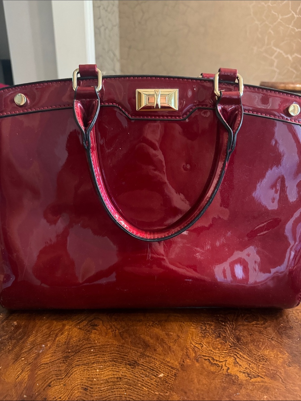 Red Patent Leather Satchel Bag with Gold Hardware